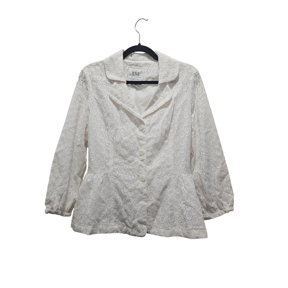 LAL Live a Little White 100% Cotton Eyelet Peplum Jacket Blazer Medium